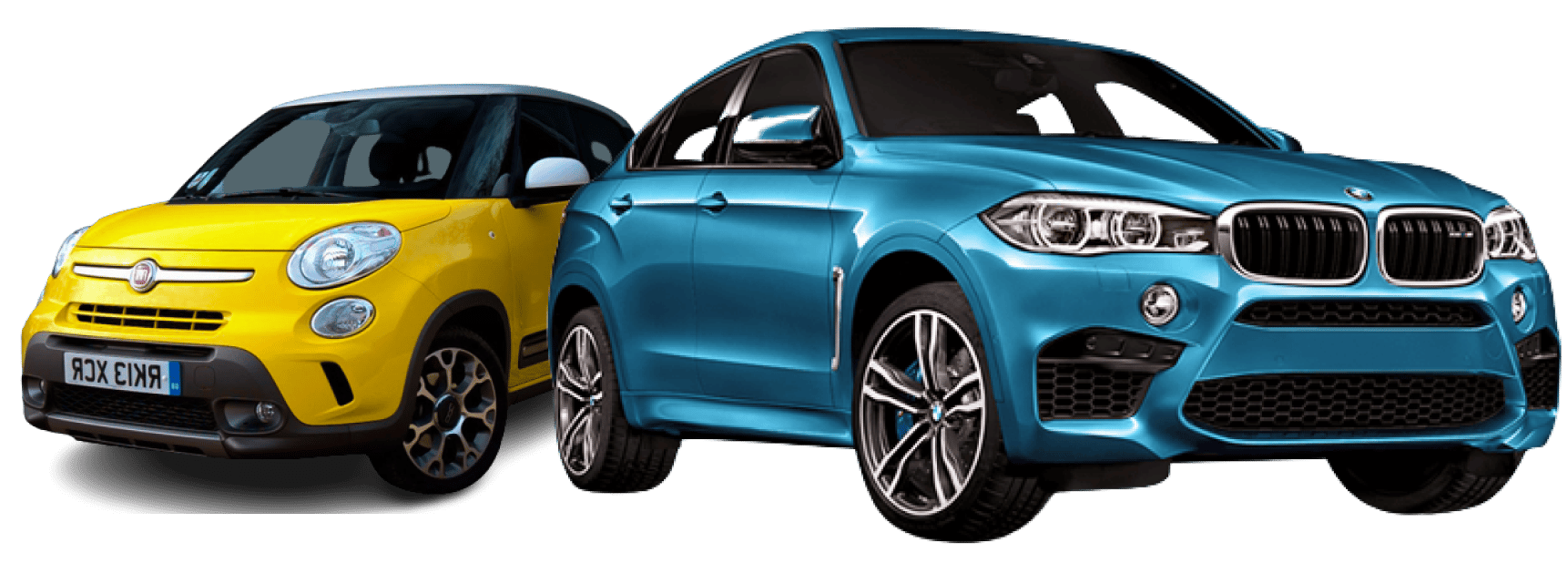 Two hire cars, one yellow and one blue